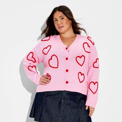 33 Degrees Women's Hearts Graphic Cardigan Sweater Ribbed Knit