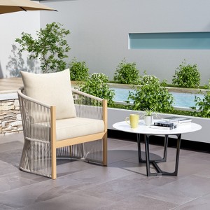 24"W Patio Accent Chair Lounge Chair Arm Chair with Curved Back, Cushioned Comfort and Stylish Rope-Weave Design, Aluminum, Beige+Natural/Gray-ModernL - 1 of 4