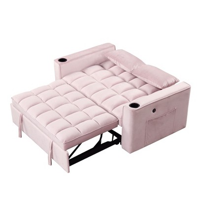 Pink Velvet Convertible Sofa Bed with USB Port and Cup Holders