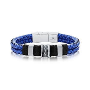 Metallo Mens Stainless Steel Double Strand Genuine Leather Bracelet - Blue - Blue - 1 of 4