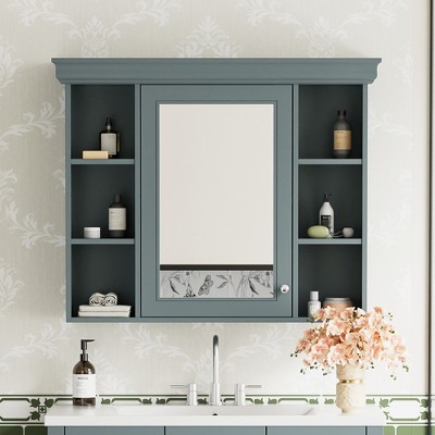VYNXARIA 35'' x 28'' Blue Wall-Mounted Bathroom Cabinet with Mirror & 6 Open Shelves.