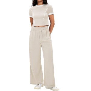 ATHLECHIC Women's 2 Piece Sets Short Sleeve Crew Neck Long Wide Leg with Pockets Pants - 1 of 4