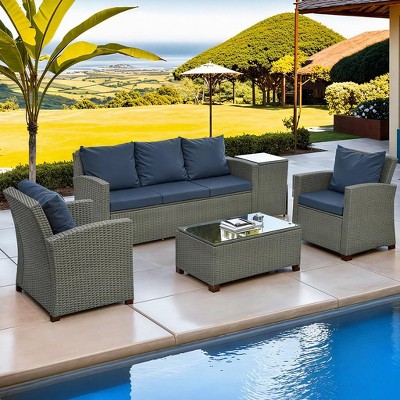 ELJGET Patio Furniture Set, 5 PCS Wicker Outdoor Conversation Set with 2 Coffee Tables for Backyard, Poolside, Garden