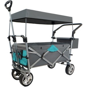 FURNIinspire Outdoor Serving Carts Push Pull Utility Folding Wagon with Removable Canopy for Camping Beach Outdoor, Gray, 50"*20.47"*43.3" - 1 of 4