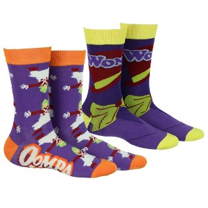 Willy Wonka Socks Oompa Loompa and Wonka Designs Adult Mid Calf Crew Socks 2 Pair Fits Shoe Size 8-12 Multicolored - 1 of 4
