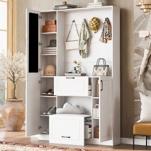 KWPZQEB Hall Tree with Shoe Cabinet and Mirrored Cabinet Door, 3-in-1 Coat Rack with Flip Drawer, 4 Hooks & Foldable Seat for Hallway, Entrance, White - 1 of 4