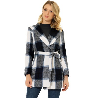 INSPIRE CHIC Women's Shawl Collar Check Belted Wrap Plaid Coat with Pockets