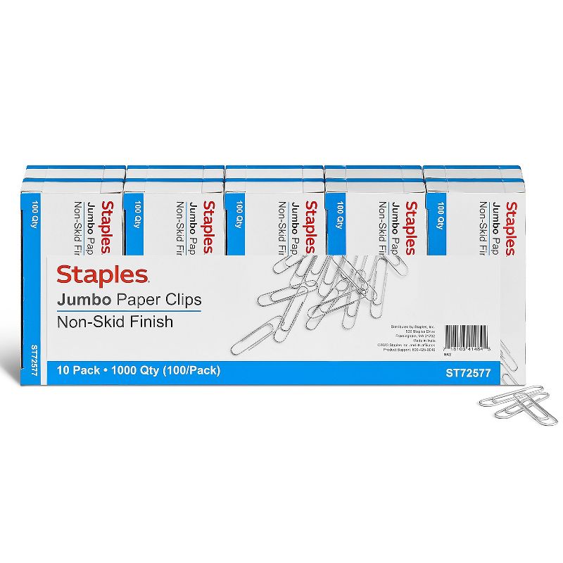 Staples Jumbo Paper Clips Nonskid 100/Box 10 Boxes/Pack (A7026606/72577) ST72577/A70266, 1 of 6