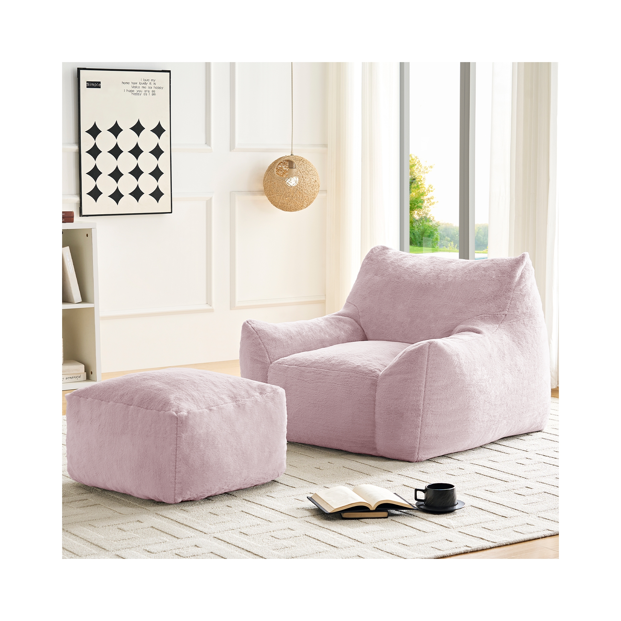 Mjkone Modern Bean Bag Chair, Faux Rabbit Fur Fabric Big Beanbag Chair with Ottoman,Pink