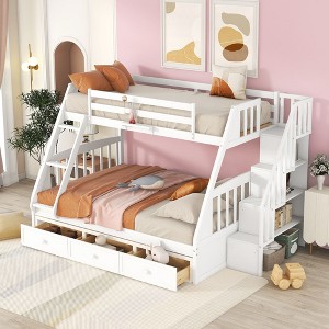 PAGED Twin over Full Bunk Bed with Storage Stairs, Wooden Bed Frame with 3 Drawers and Guardrail, Modern Loft Bed for Kids, Teens, Adults - 1 of 4