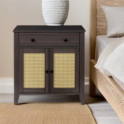 COMHOMA Wood Cabinet with Rattan Decorated Door, Sliding Drawer, Adjustable Shelf, Nightstand, Bedside Table
