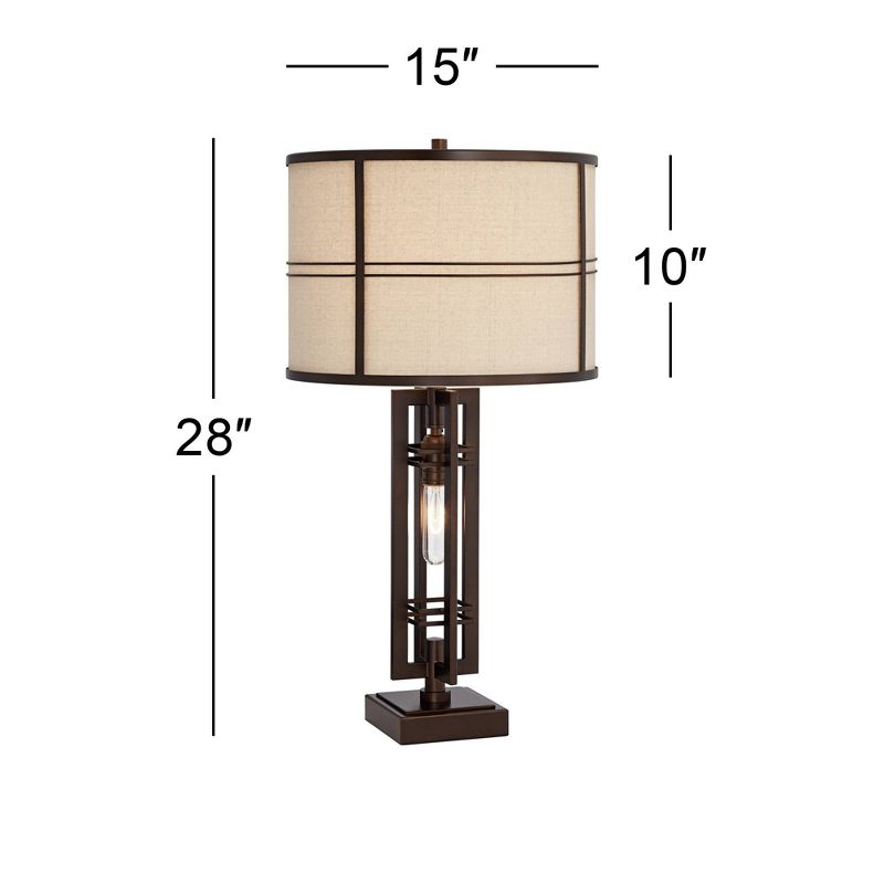 Franklin Iron Works Elias Modern Industrial Table Lamp 28" Tall Oiled Bronze with Nightlight Off White Oatmeal Drum Shade for Bedroom Living Room Kids, 4 of 10
