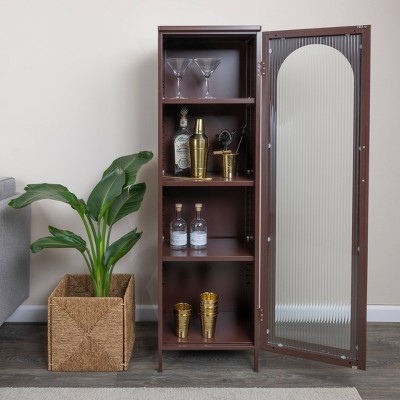 Vintage Brown Tall Metal Cabinet with Arched Glass Door and Adjustable Shelves