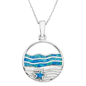Opalata Sterling Silver Blue Inlay Opal Ocean with Starfish 18" Pendant Necklace - Blue - 1 of 2