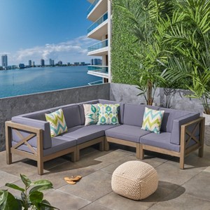 Christopher Knight Home Brava Outdoor Acacia Wood 5 Seater Sectional Sofa Set with Cushions - 1 of 4