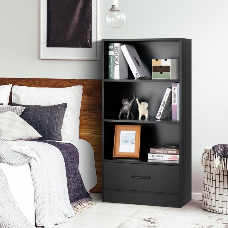 Tangkula 4-Tier Bookcase w/Storage Drawer Modern Storage Shelf w/3-Tier Open Shelf Freestanding Display Shelf Grey/Natural/White, 4 of 11