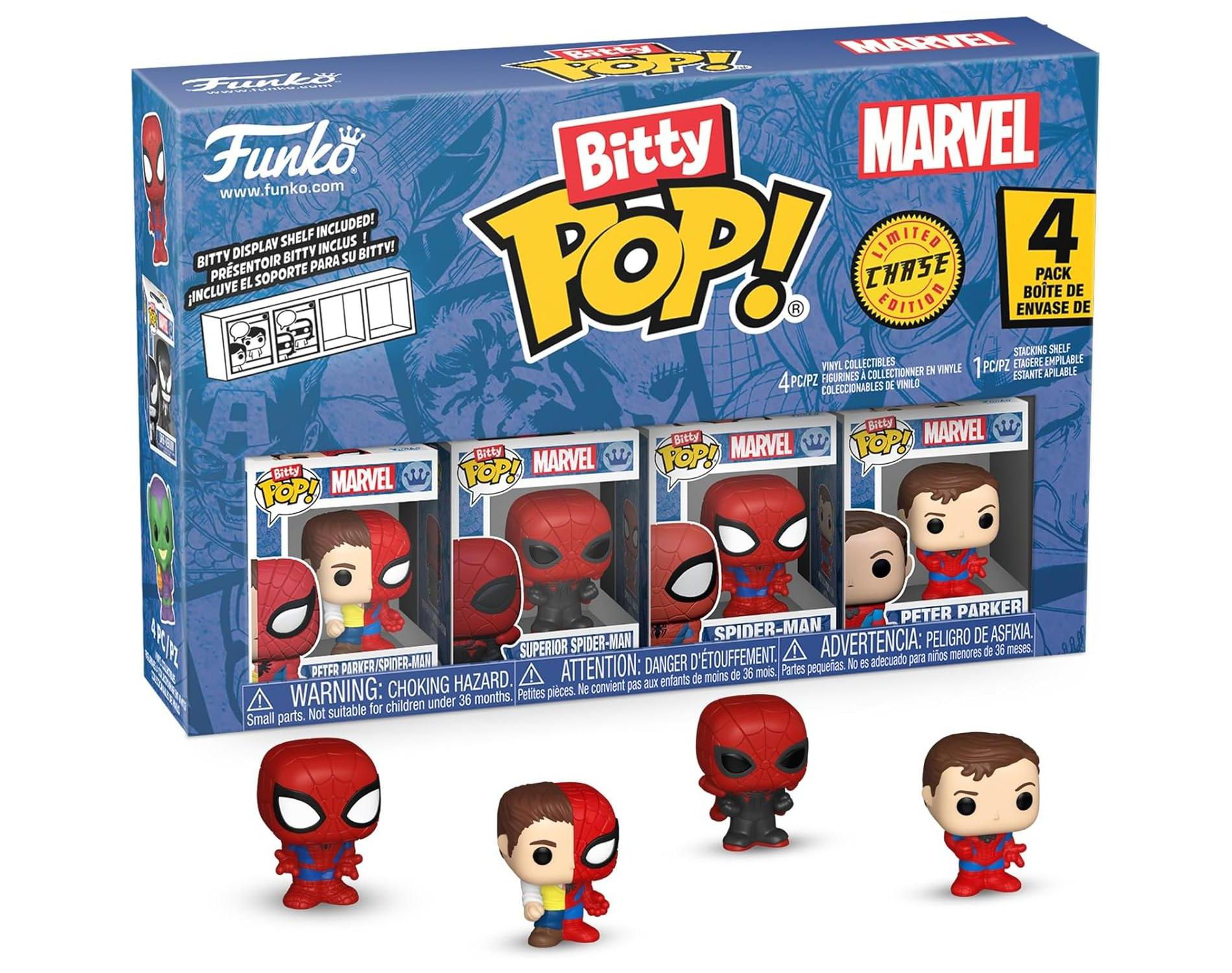 Funko Pop! Bitty: Peter Parker/Spider-Man, Superior Spider-Man, Spider-Man, & Mystery Figure, 4 Pack
