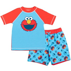 Sesame Street Elmo Baby Pullover Rash Guard and Swim Trunks Outfit Set Toddler - 1 of 4