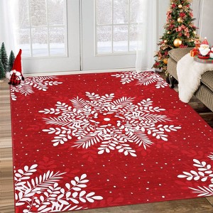 Washable Rug Christmas Rug for Living Room Non-Slip Snowflakes Floor Cover Low Pile  Foldable Green Christmas Rugs - 1 of 4
