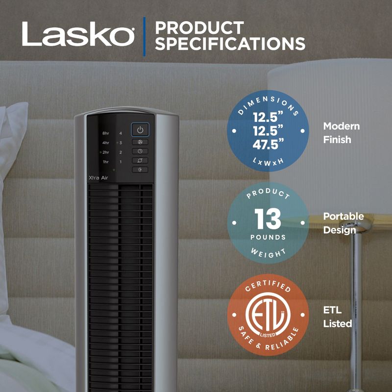 Lasko T48332 XtraAir 48 Inch 3 Speed Quiet Widespread Oscillating Home Tower Fan with Remote, Electronic Controls, 8 Hour Timer, and Nighttime Setting, 3 of 7