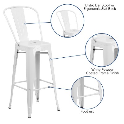 Sleek White 30" Metal Bar Stool with Removable Back