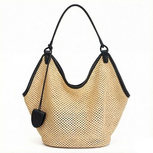Alilang Woven Shoulder Bag with Faux Leather Trim Slouchy Hobo