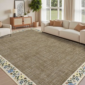 Machine Washable Modern Floral Bordered  Non Slip Area Rug for Living Room Soft Low Pile Indoor Aesthetic Carpet for Bedroom Dining Room Office - 1 of 4