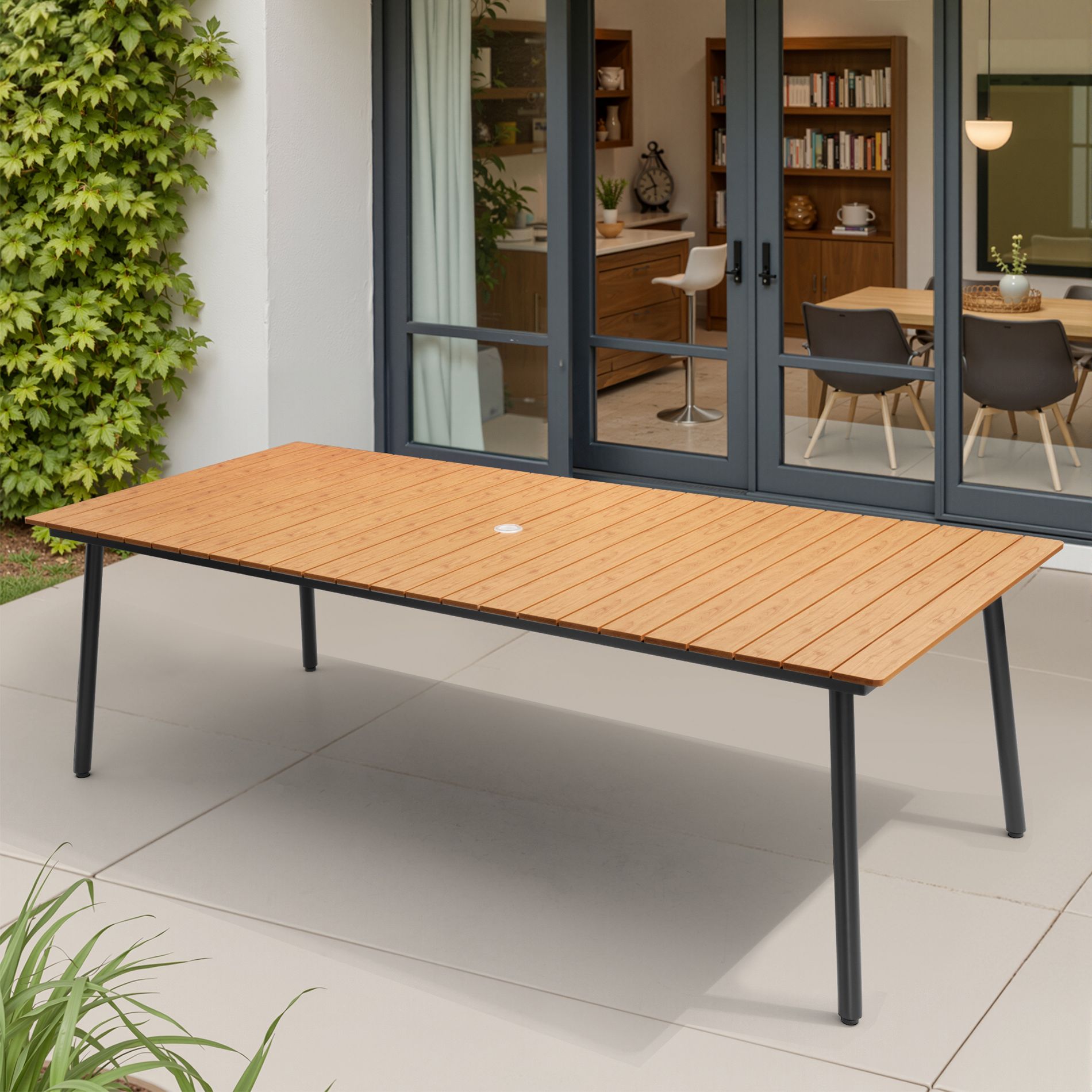 Pellebant 94.5-Inch Outdoor Rectangular Dining Table 8-10 People Aluminum Frame Wood-Look Top Umbrella Hole Brown