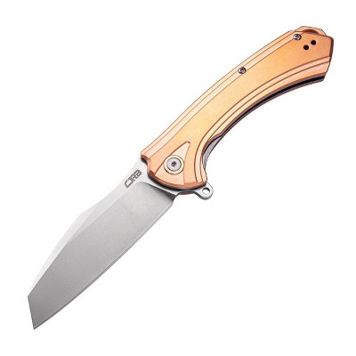 CJRB Barranca Flipper Pocket Knife with Clip, Liner Lock, 3.72 Inch Wharncliffe Blade, Copper Handle