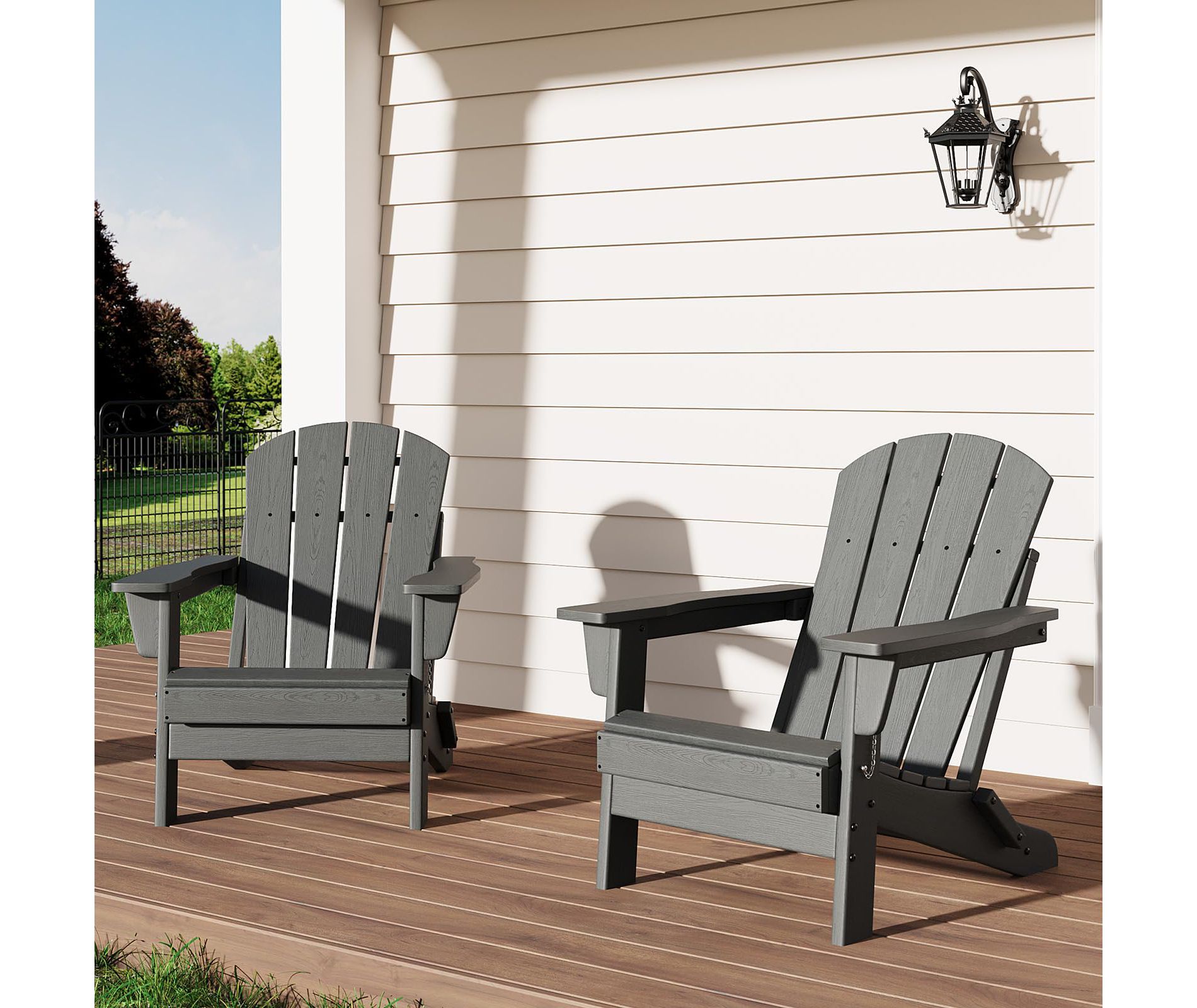 Folding Adirondack Chairs Set of 2-HDPE Plastic Outdoor Chairs with Wood Texture(Grey) for Fire Pit/Deck/Patio(380lbs Capacity & Weather Resistant)