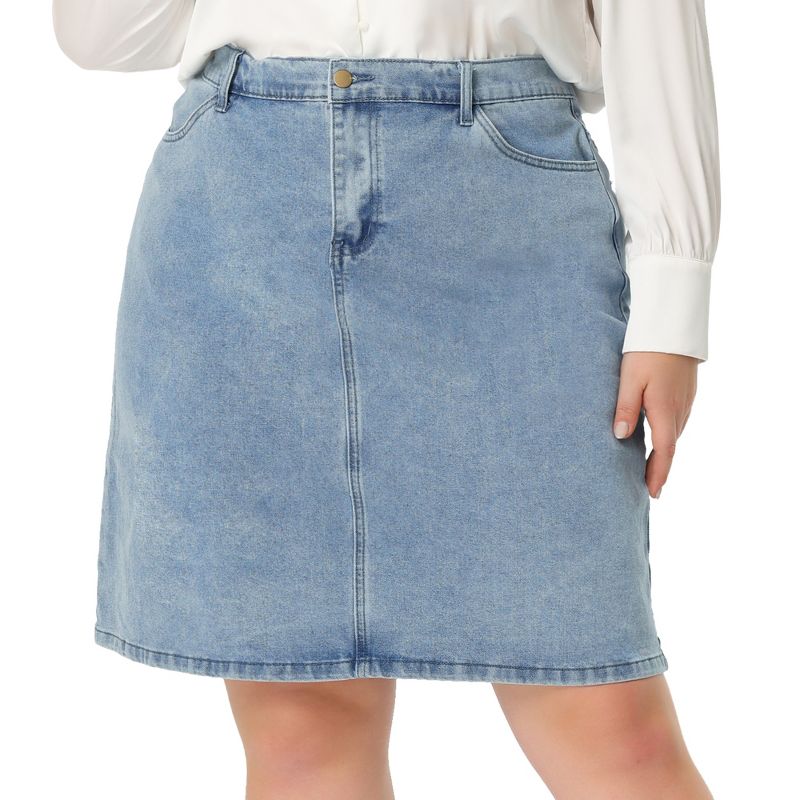 Agnes Orinda Women's Plus Size Denim Classic Slash Pocket Elastic Waist Pencil Back Slit Jeans Skirts, 2 of 7