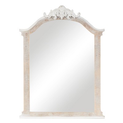Olivia & May 37"x28" Wooden Arched Scroll Wall Mirror with Brown Distressing Cream: No Assembly, Modern Decor