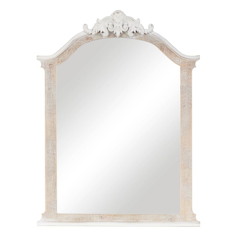 Olivia &#38; May 37&#34;x28&#34; Wooden Arched Scroll Wall Mirror with Brown Distressing Cream, 1 of 9