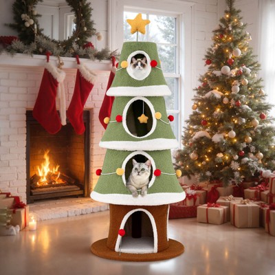 Costway 61”Large Christmas Cat Tree with 4 Condos, Sisal Carpet, Dangling Ball, Spring Toy