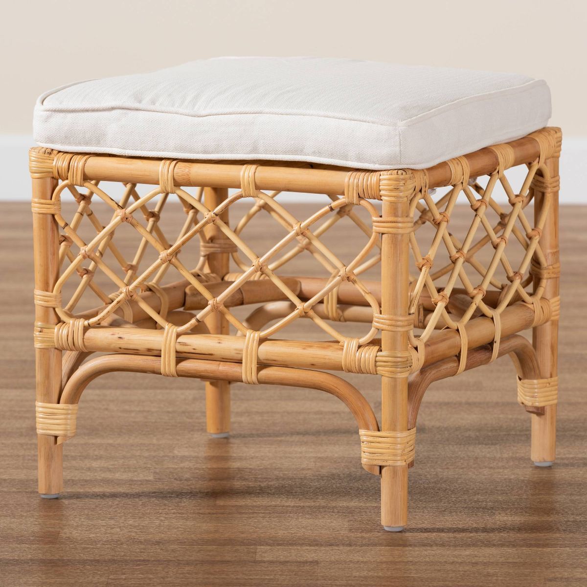 Orchard Fabric Upholstered and Rattan Ottoman White/Natural - bali & pari: Comfortable Seating, No Assembly Required - thumbnail 5