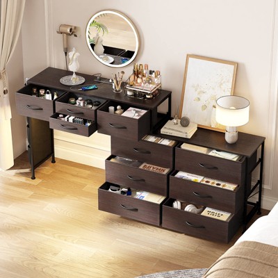 WOWLIVE Dresser for Bedroom with Charging Station and LED Light, Rotatable Vanity Desk with Fabric Drawers and Side Pockets