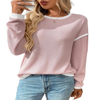 Women's Long Sleeve Pullover Sweater Round Neck Contrast Color Block Ribbed Knitwear Knitted Sweatshirt