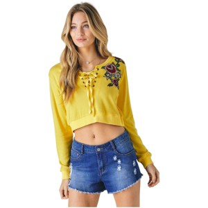 Slickblue Women's Cropped Sweatshirt with Floral Embroidery - Soft Blend, Heather Grey/Yellow, Size S-L - 1 of 4