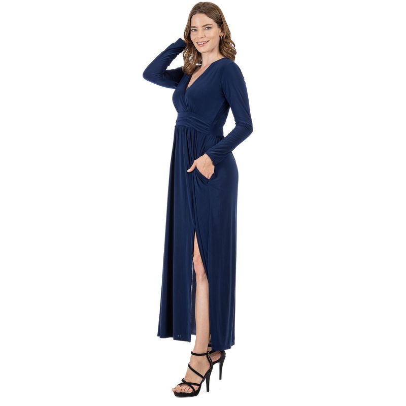 24seven Comfort Apparel Womens Long Sleeve V Neck Side Slit Maxi Dress, 2 of 5