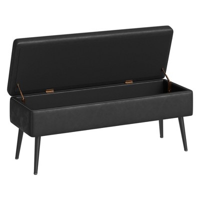 Storage Ottoman Bench, Mid-Century Modern Entryway Bedroom Bench, Synthetic Leather with Stitching, Safety Hinges