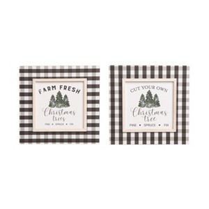 Transpac MDF Plaid Block Decor Set of 2 Christmas Home Decorations Freestanding Wood Signs - 1 of 3