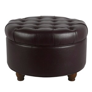 Homepop Large Faux Leather Tufted Round Storage Ottoman Brown