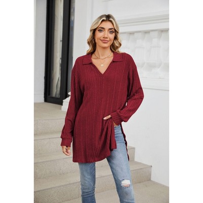 YESFASHION Women's Long Sleeve V-Neck Tunic Sweater Oversized Split Side Blouse,M,wine red