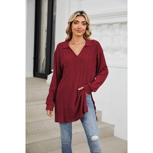YESFASHION Women's Long Sleeve V-Neck Tunic Sweater Oversized Split Side Blouse,M,wine red - 1 of 3