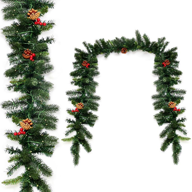 Costway 9Ft Pre-lit Artificial Christmas Garland Red Berries w/ 100 LED Lights & Timer, 4 of 11