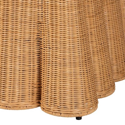 Honey Scallop Rattan Ottoman with White Upholstered Cushion