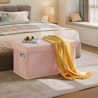 Pinmoco 30" Folding Storage Ottoman Bench with White Blanket and Side Pocket, Corduroy Storage Bench Footrest for Entryway Living Room