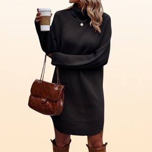 EadianDree Womens Long Sleeve Turtleneck Sweater Dress Loose Knit Pullover Mini Dresses Fall Winter Warm Jumper Tunics,Black