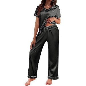 Ekouaer Satin Pajamas for Women Short Sleeve Silk Pajama Sets Soft Sleepwear Top with Causal Long Pj Pant - 1 of 4