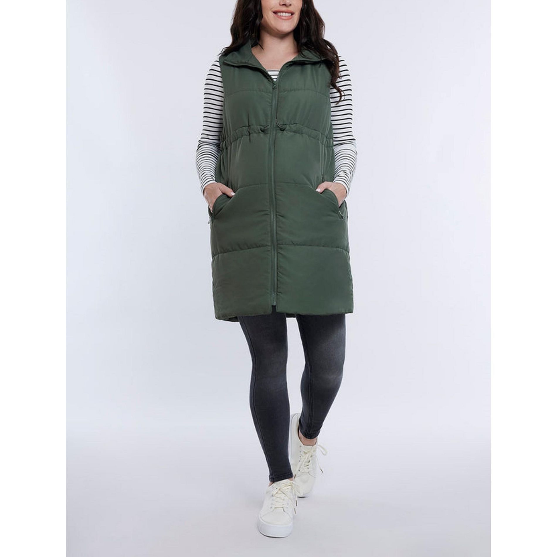 Women's Woven Full-Zip Sleeveless Quilted Puffer Vest - Olive - Size: Medium - Motherhood Maternity
